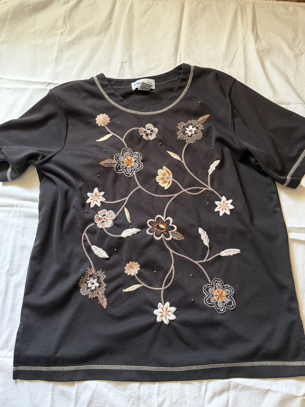 Alfred Dunner Brown Short-Sleeve Top with Cream & Tan Floral Embroidery